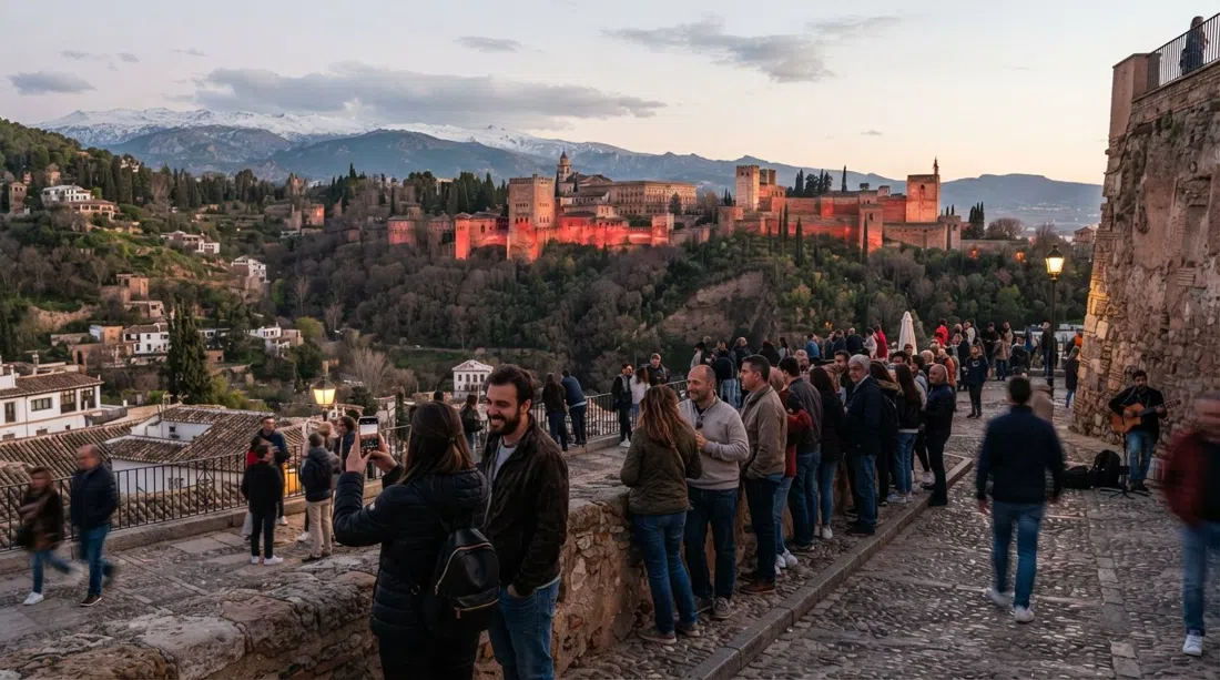 el Mirador de San Nicolás al atardecer, la Alhambra brillando roja al otro lado del valle del Darro con Sierra Nevada detrás y un pequeño grupo reunido junto al muro