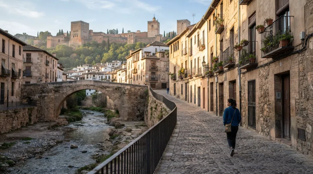 la Carrera del Darro a la luz temprana de la mañana, el río junto a puentes medievales y una calle empedrada vacía que serpentea bajo fachadas de piedra antigua