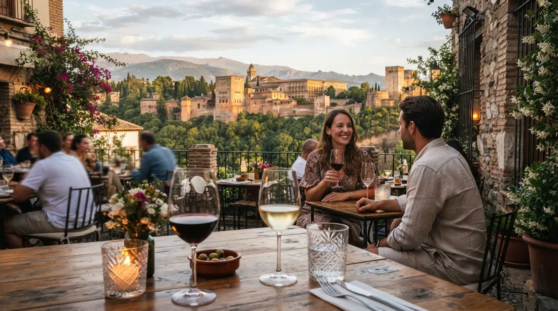 una mesa en la terraza de El Huerto de Juan Ranas debajo del Mirador de San Nicolás, con la Alhambra enmarcada al fondo tras la cristalería y la luz de última hora de la tarde
