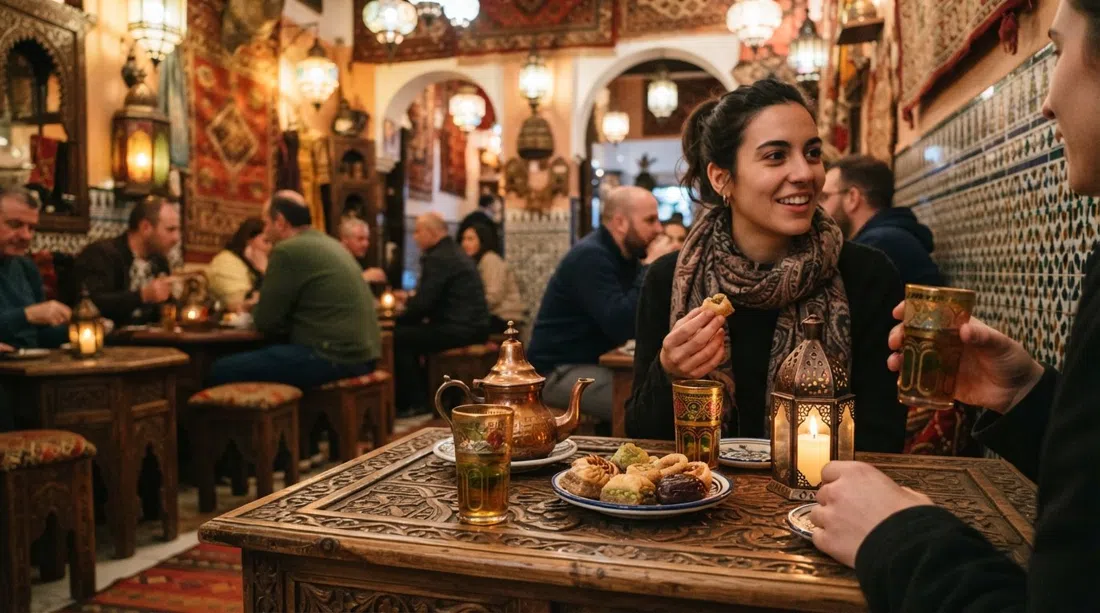 el interior iluminado con farolillos de Kasbah en la Calle Calderería Nueva, vasos de té, dulces árabes y decoración morisca cálida llenan el encuadre