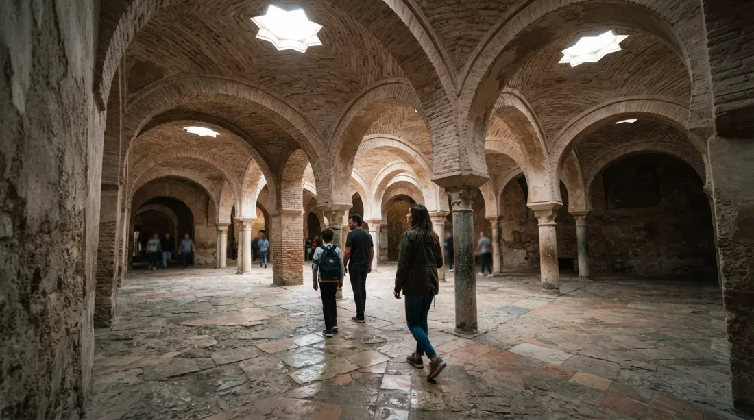 el interior abovedado de ladrillo de El Bañuelo con tragaluces en forma de estrella y luz suave sobre el antiguo suelo de piedra