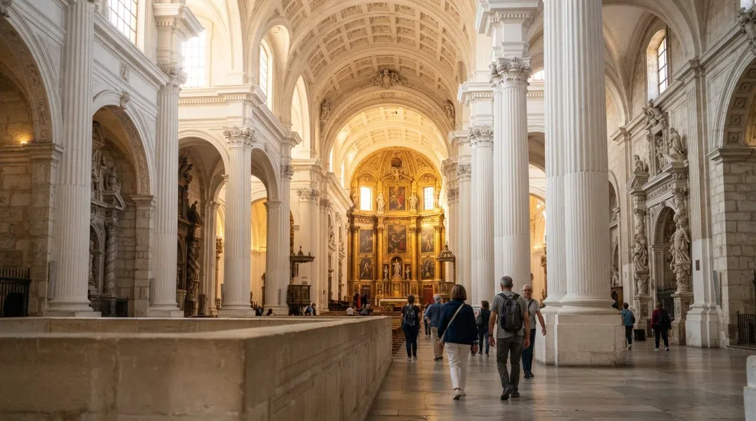 el interior renacentista blanco de la Catedral de Granada, altas columnas y luz brillante de la nave que entra por la iglesia al atardecer