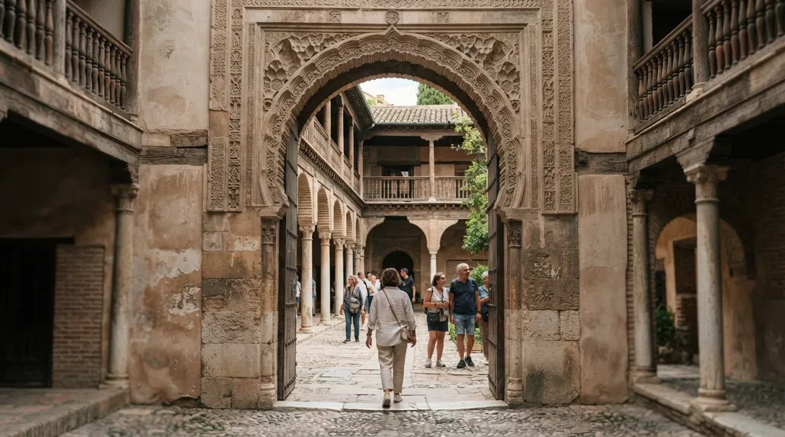 el portal de herradura del Corral del Carbón que se abre a su patio sombreado, arcos de piedra y galerías de madera con luz suave del día