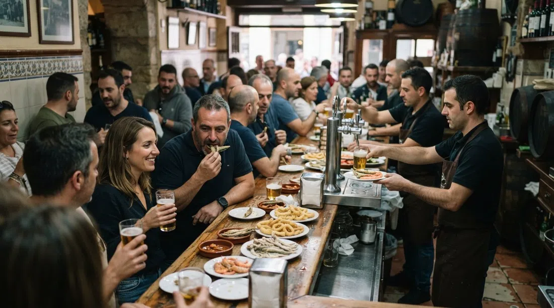 Bar Los Diamantes en la Calle Navas, un bar de tapas abarrotado sin asientos con platos de pescado frito y vasos de cerveza en la barra