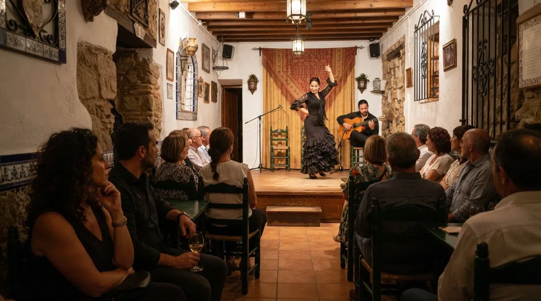 el interior íntimo del Tablao Flamenco La Alboreá en la Calle Pan, un público reducido frente a un escenario desnudo bajo una luz cálida