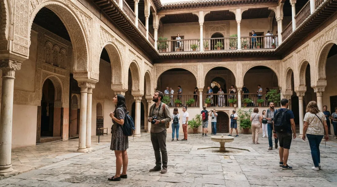 visitantes de pie en el patio gratuito del Corral del Carbón, con sus arcos nazaríes y el nivel superior con galerías a la vista