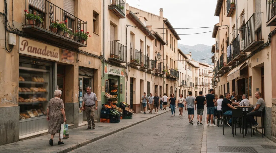 Calle Sagrada Familia en La Chana, Granada, con tiendas cotidianas a pie de calle y bloques residenciales bajos bajo una luz de tarde plana