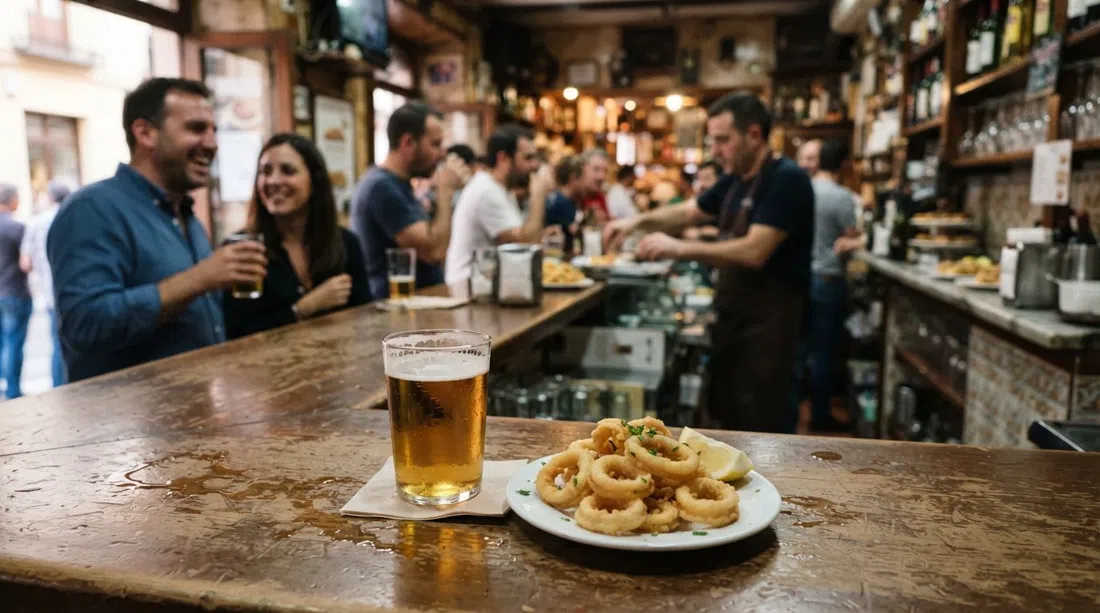 una caña y la tapa gratis de calamares fritos en el Bar Teruel de la Calle Salmón, servidos en una pequeña barra de bar en un bar de tapas de barrio concurrido