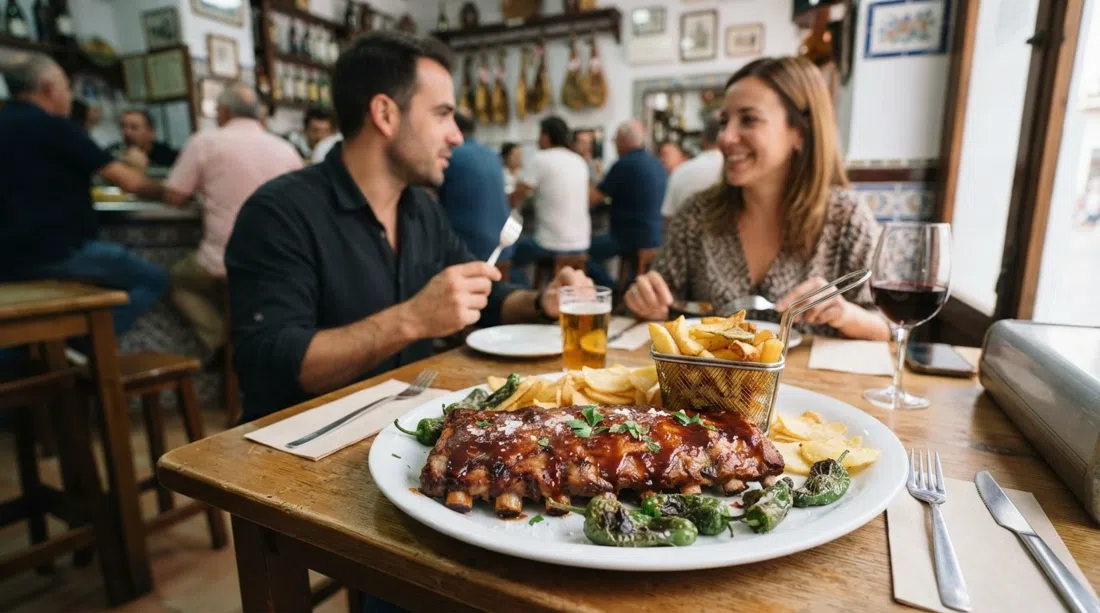 un plato compartido de costillas a la barbacoa con patatas y pimientos en el Bar Teruel, el tipo de plato de tapas extragrande que convierte una bebida en almuerzo