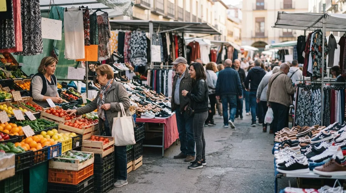 el Mercadillo de La Chana un miércoles por la mañana, puestos de fruta, verduras, zapatos y ropa barata con vecinos mirando y charlando