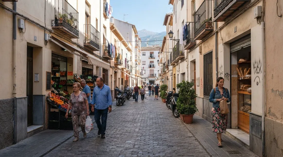 Calle Sagrada Familia en La Chana con fachadas de tiendas sencillas y comercio práctico, el tipo de calle comercial cotidiana usada por los residentes