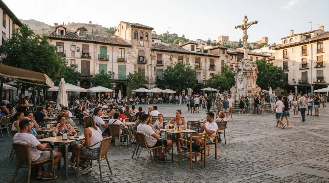 Campo del Príncipe en el Realejo al atardecer, mesas de terraza alrededor de la plaza ancha y el crucifijo del Cristo de los Favores en el borde