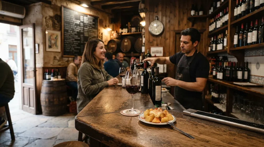 el interior de madera de Casa de Vinos La Brujidera en Calle Monjas del Carmen 2, pizarra de vinos y una copa con una tapa gratis en la barra