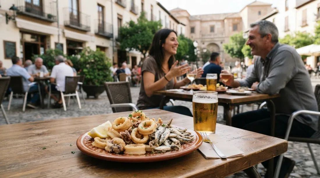 un plato de tapa de calamares fritos y boquerones del Bar Los Diamantes II en Campo del Príncipe junto a una caña en una mesa de terraza