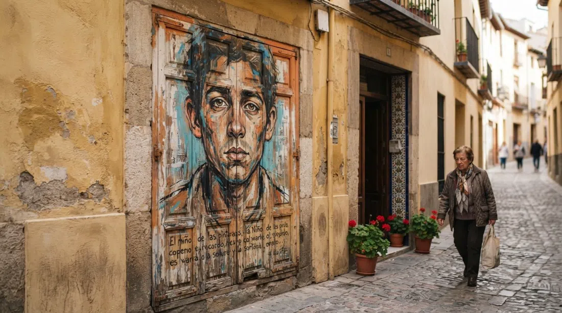 una persiana pintada cerca de la Calle Molinos en el Realejo, un retrato de El Niño de las Pinturas con un verso a la luz del día