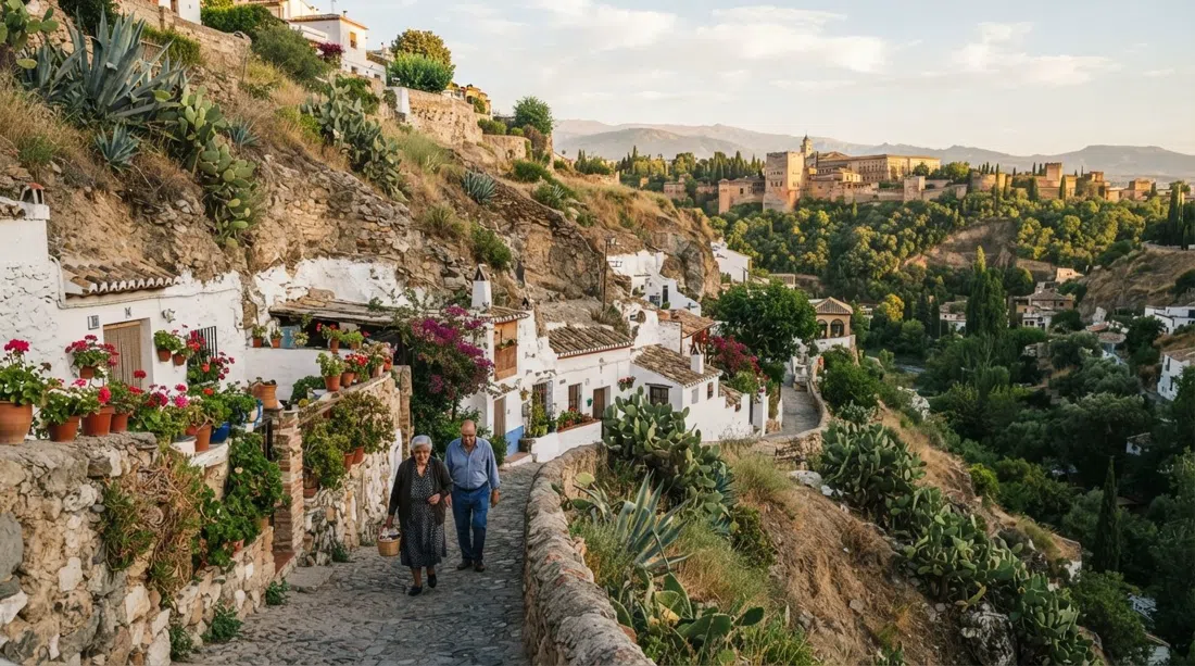casas-cueva encaladas en la ladera de Sacromonte sobre el Darro, con chumberas y bancales de piedra rugosa bajo la luz de la tarde