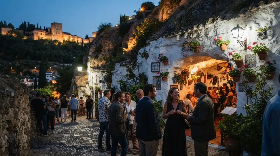 entrada de Cueva de la Rocío al anochecer, con aberturas de cuevas que brillan cálidas mientras la gente se reúne en el Camino del Sacromonte para el espectáculo