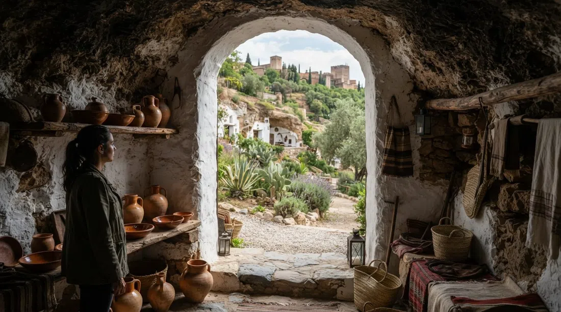 viviendas-cueva restauradas en el Museo Cuevas del Sacromonte, con alfarería, herramientas de mimbre y el jardín botánico de la ladera visibles a través de la puerta
