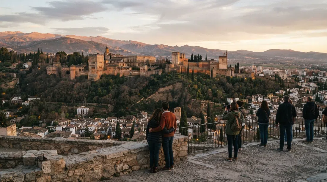 la Alhambra vista desde el Mirador de San Miguel Alto al atardecer, con Granada y Sierra Nevada extendidas abajo