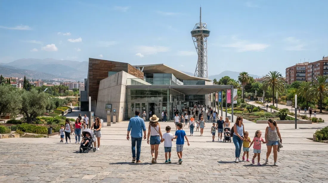 la fachada moderna y amplia del Parque de las Ciencias en Zaidín, con familias llegando bajo la luz del día y la torre de observación elevándose detrás del complejo