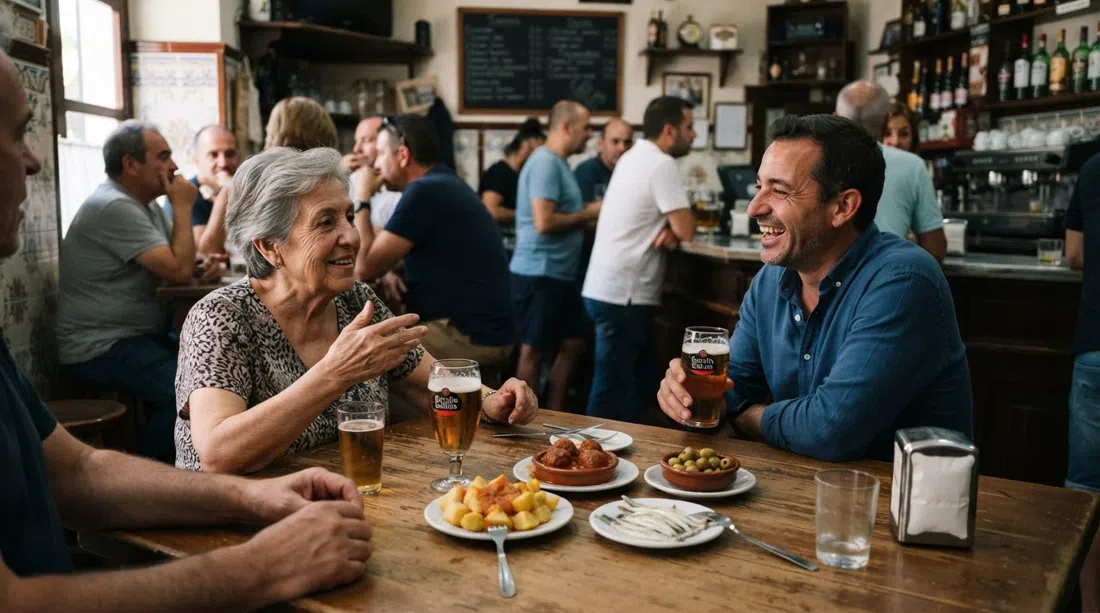 una mesa abarrotada a la hora de comer en Cafetería Almudena en Calle Poeta Gracián, con cañas, tapas caseras y el bullicio tranquilo de un bar de barrio