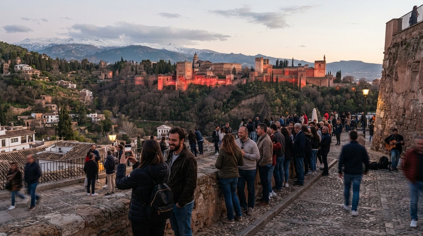 the Mirador de San Nicolás at sunset, the Alhambra glowing red across the Darro valley with the Sierra Nevada behind and a small crowd gathered along the wall
