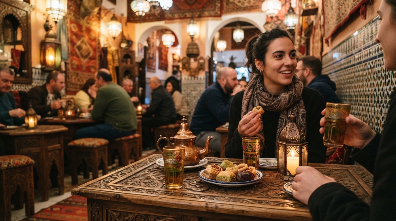 the lantern-lit interior of Kasbah on Calle Calderería Nueva, tea glasses, Arabic sweets and warm Moorish decor filling the frame